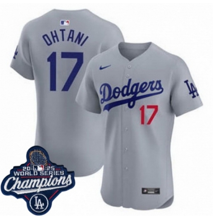 Men's Los Angeles Dodgers 17 Shohei Ohtani Cool Base 2025 World Champions Stitched Baseball Jersey Gray