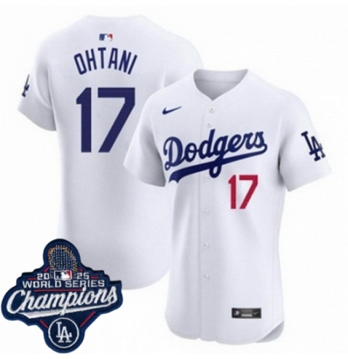 Men's Los Angeles Dodgers 17 Shohei Ohtani Cool Base 2025 World Champions Stitched Baseball Jersey White
