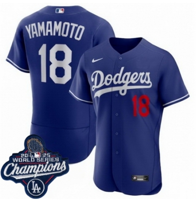 Men's Los Angeles Dodgers 18 Yoshinobu Yamamoto Cool Base 2025 World Champions Stitched Baseball Jersey Blue