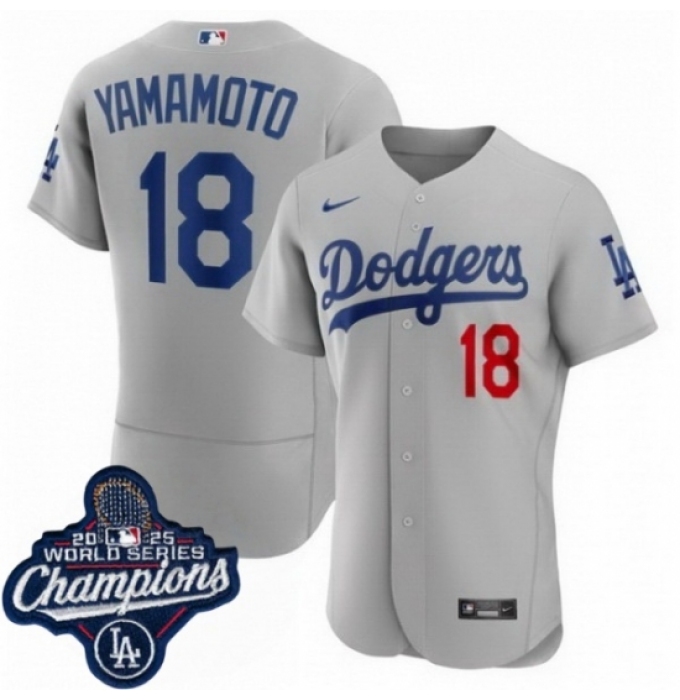 Men's Los Angeles Dodgers 18 Yoshinobu Yamamoto Cool Base 2025 World Champions Stitched Baseball Jersey Gray