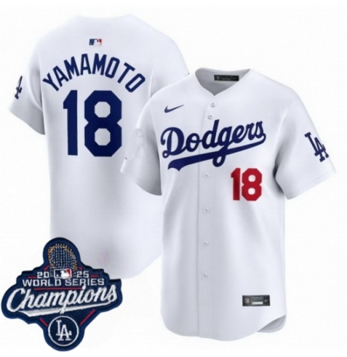 Men's Los Angeles Dodgers 18 Yoshinobu Yamamoto Cool Base 2025 World Champions Stitched Baseball Jersey White
