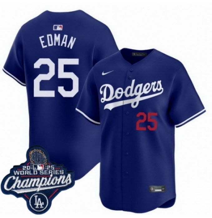 Men's Los Angeles Dodgers 25 Tommy Edman Cool Base 2025 World Champions Stitched Baseball Jersey Blue