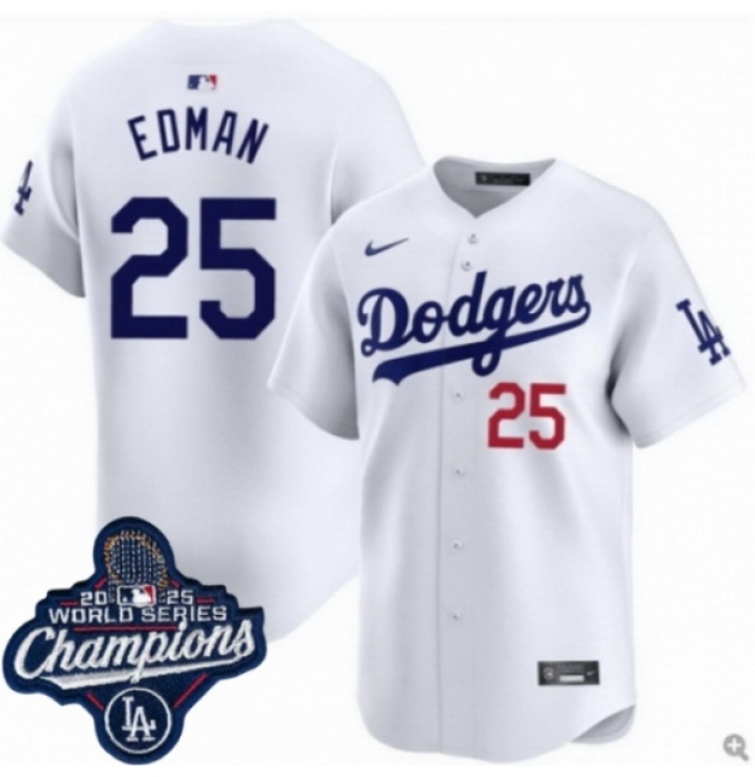 Men's Los Angeles Dodgers 25 Tommy Edman Cool Base 2025 World Champions Stitched Baseball Jersey White