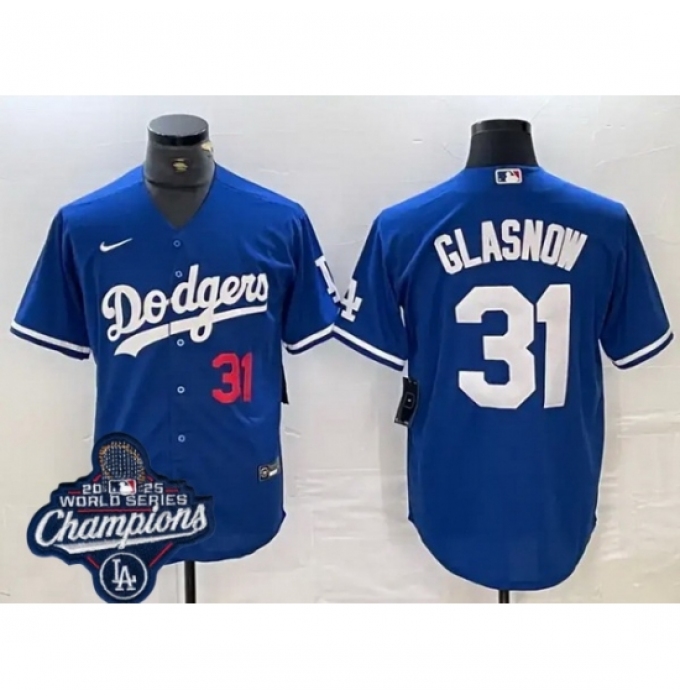 Men's Los Angeles Dodgers 31 Tyler Glasnow Cool Base 2025 World Champions Stitched Baseball Jersey Blue