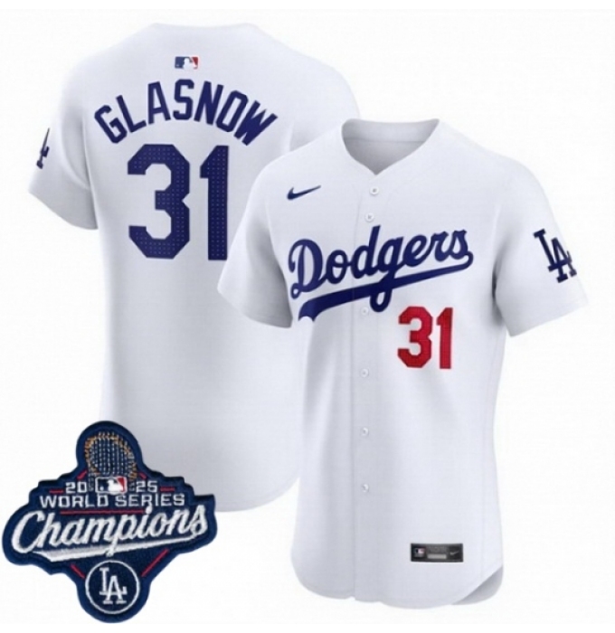 Men's Los Angeles Dodgers 31 Tyler Glasnow Cool Base 2025 World Champions Stitched Baseball Jersey White