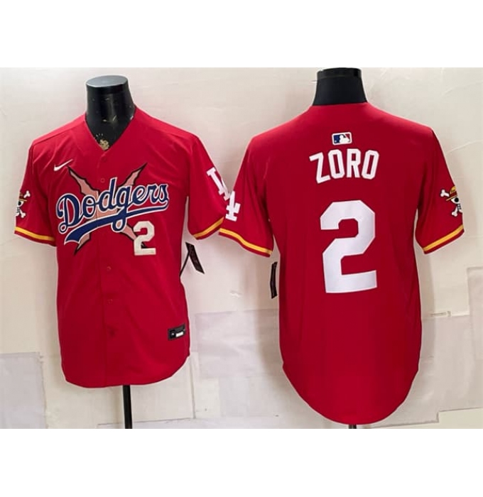 Men's Los Angeles Dodgers x One Piece #2 Zoro Red Vapor Premier Limited Stitched Baseball Jersey
