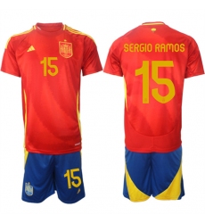 Men's Spain Team #15 Sergio Ramos 2024-25 Red Home Soccer Jersey Suit