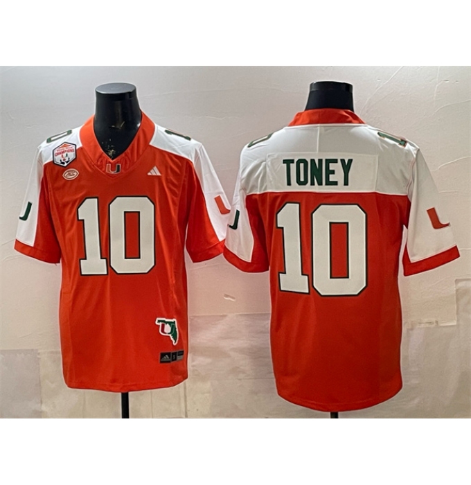 Men's Miami Hurricanes #10 Malachi Toney Orange Alternate F.U.S.E. The Fiesta Bowl Champions & Florida Patch Stitched Football Jersey