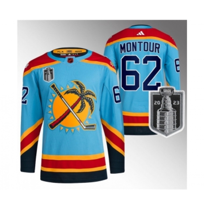 Men's Florida Panthers #62 Brandon Montour Blue 2023 Stanley Cup Final Reverse Retro Stitched Jersey