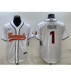 Men's Cincinnati Bengals #1 JaMarr Chase White With Patch Cool Base Stitched Baseball Jersey
