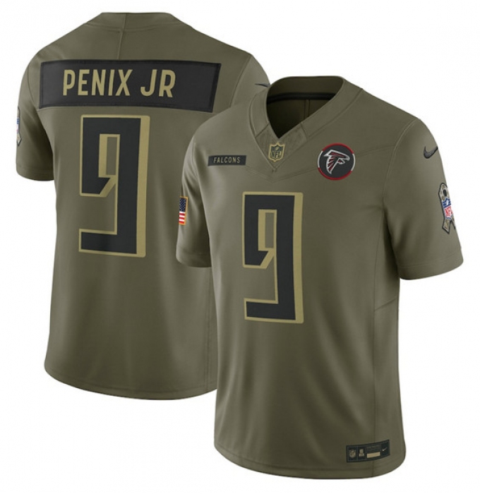 Men's Atlanta Falcons #9 Michael Penix Jr. Olive 2025 Salute to Service Limited Football Stitched Jersey