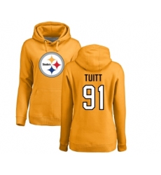 Football Women's Pittsburgh Steelers #91 Stephon Tuitt Gold Name & Number Logo Pullover Hoodie