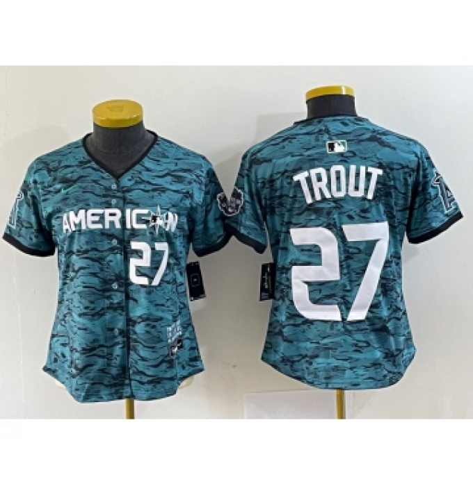 Women's Nike Los Angeles Angels #27 Mike Trout Number Teal 2023 All Star Cool Base Stitched Jersey