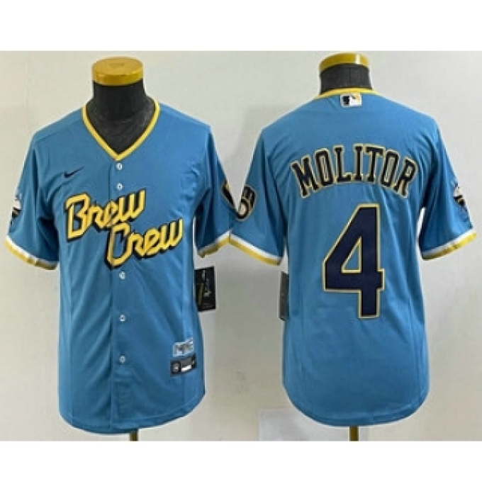 Youth Milwaukee Brewers #4 Paul Molitor Blue 2022 City Connect Cool Base Stitched Jersey