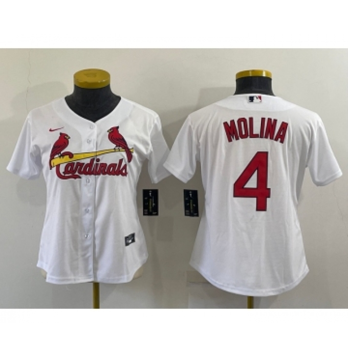 Women's St Louis Cardinals #4 Yadier Molina White Stitched MLB Cool Base Nike Jersey