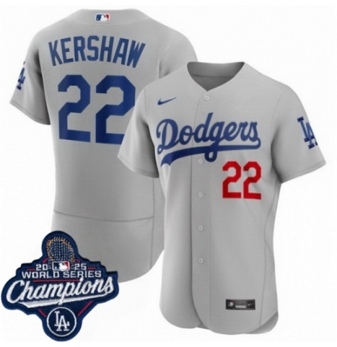 Men's Los Angeles Dodgers 22 Clayton Kershaw Cool Base 2025 World Champions Stitched Baseball Jersey Gray