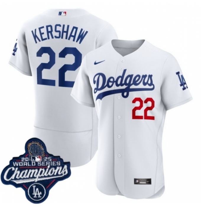 Men's Los Angeles Dodgers 22 Clayton Kershaw Cool Base 2025 World Champions Stitched Baseball Jersey White