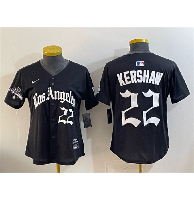 Women's Los Angeles Dodgers #22 Clayton Kershaw Black 2025 World Series Champions LA Gothic Edition Limited Stitched Baseball Jersey(Run Small)
