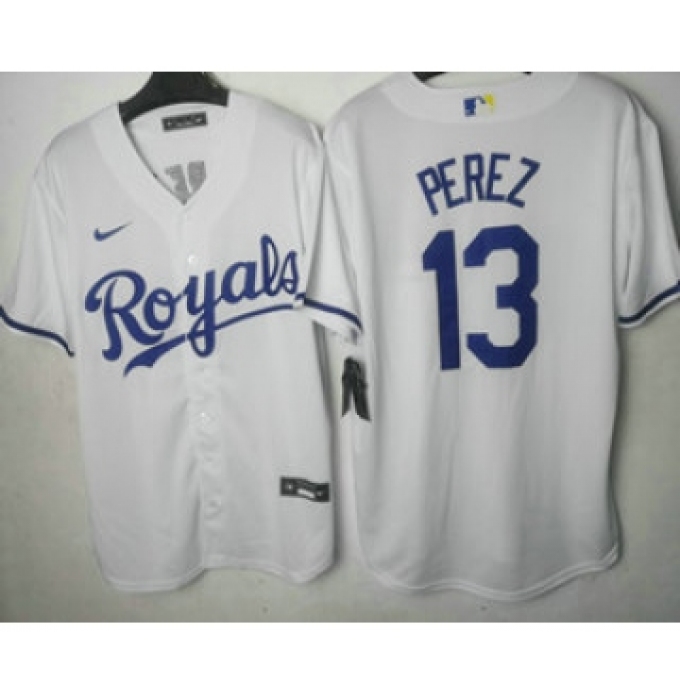 Men's Kansas City Royals #13 Salvador Perez White Cool Base Stitched MLB Jersey