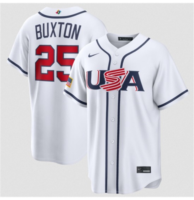Men's USA Baseball #25 Byron Buxton White 2026 World Baseball Classic Home Stadium Stitched Jersey