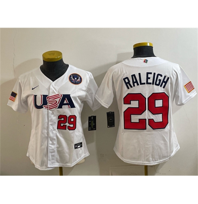 Women's USA Baseball #29 Cal Raleigh White 2026 World Baseball Classic United States 250th Anniversary Stadium Stitched Baseball Jersey