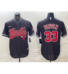 Men's Chicago Bulls #33 Scottie Pippen Black Pinstripe Cool Base Stitched Baseball Jersey