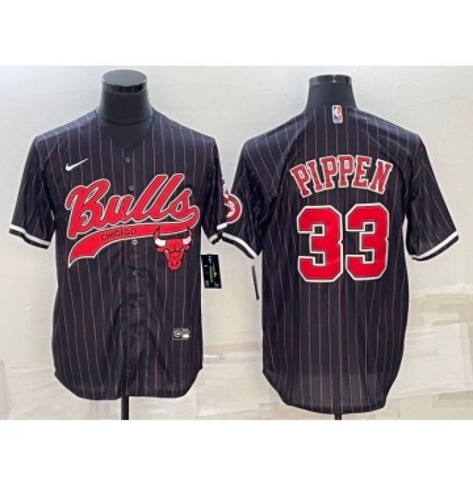 Men's Chicago Bulls #33 Scottie Pippen Black Pinstripe With Patch Cool Base Stitched Baseball Jersey