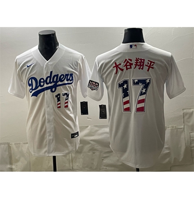 Men's Los Angeles Dodgers #17 大谷翔平 White USA 250 Fourth of July Home Stitched Baseball Jersey