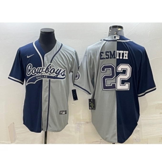 Men's Dallas Cowboys #22 Emmitt Smith Navy Grey Split With Patch Cool Base Stitched Baseball Jersey