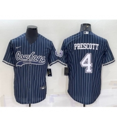 Men's Dallas Cowboys #4 Dak Prescott Navy Blue Pinstripe With Patch Cool Base Stitched Baseball Jersey