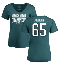 Women's Nike Philadelphia Eagles #65 Lane Johnson Green Super Bowl LII Champions V-Neck T-Shirt