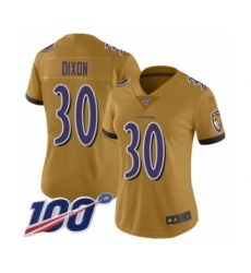 Women's Baltimore Ravens #30 Kenneth Dixon Limited Gold Inverted Legend 100th Season Football Jersey